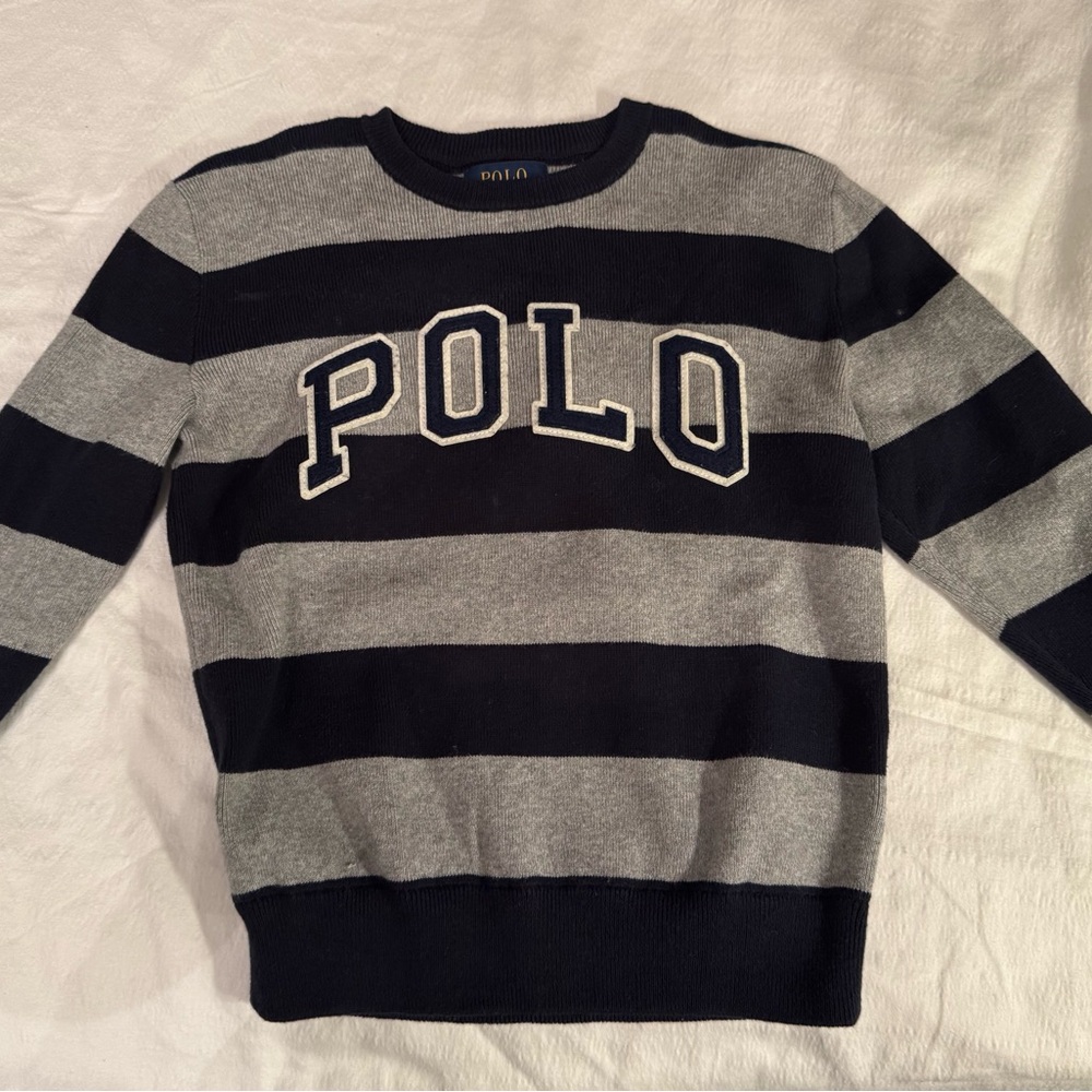 Polo by Ralph Lauren Boys Striped Crewneck Sweater - Navy and Gray